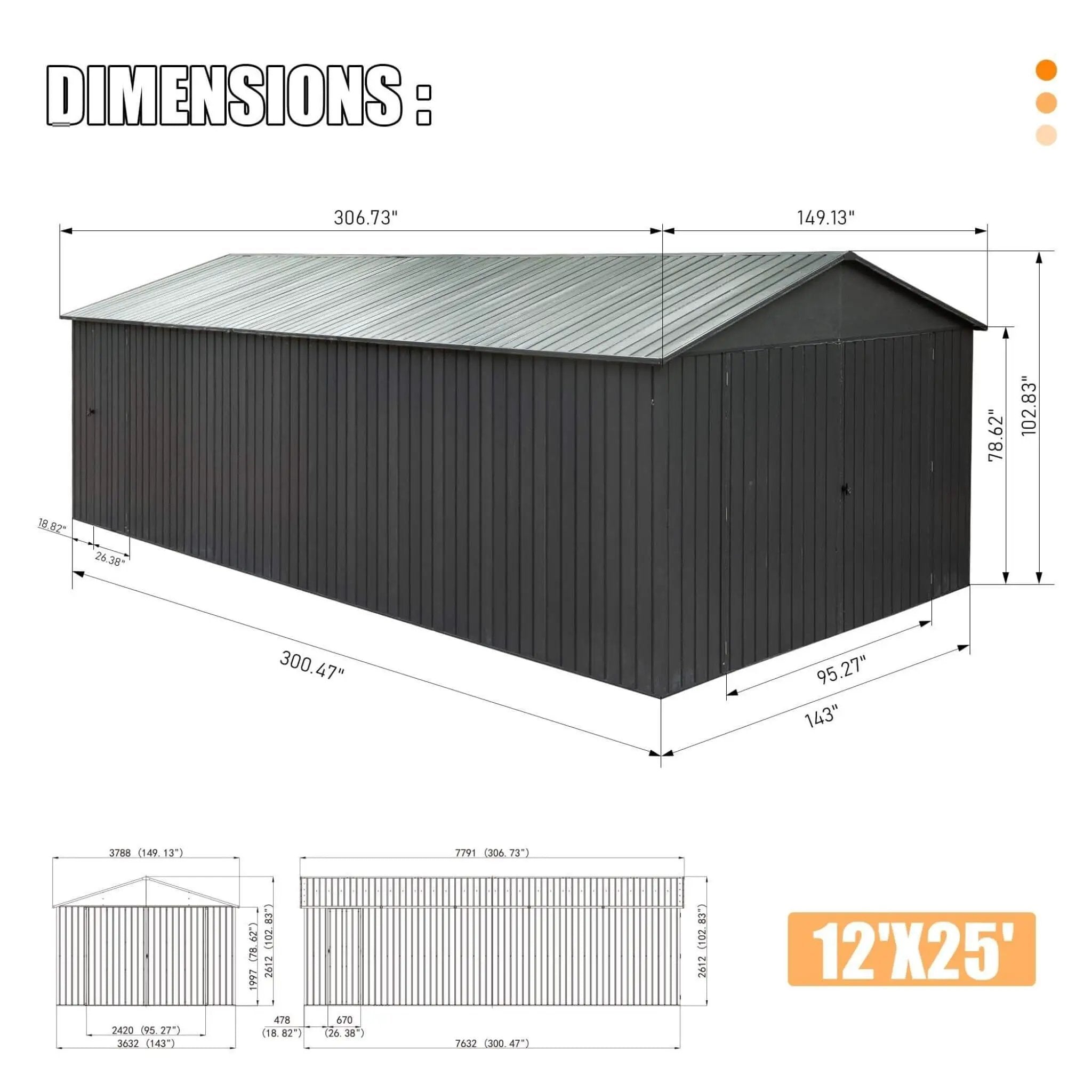 [12X25FT] Alora Extra Large Heavy-Duty Outdoor Metal Carport Garage Shed With Lockable Double Hinged Doors (SAK34153) by SAKSBY WHOLESALE