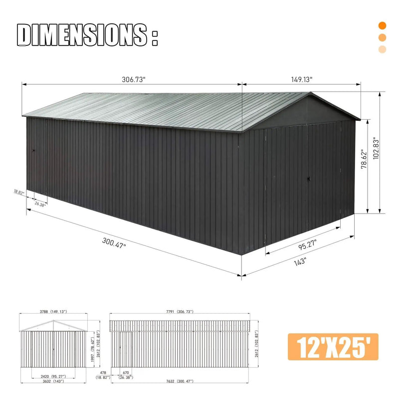 [12X25FT] Alora Extra Large Heavy-Duty Outdoor Metal Carport Garage Shed With Lockable Double Hinged Doors (SAK34153) by SAKSBY WHOLESALE
