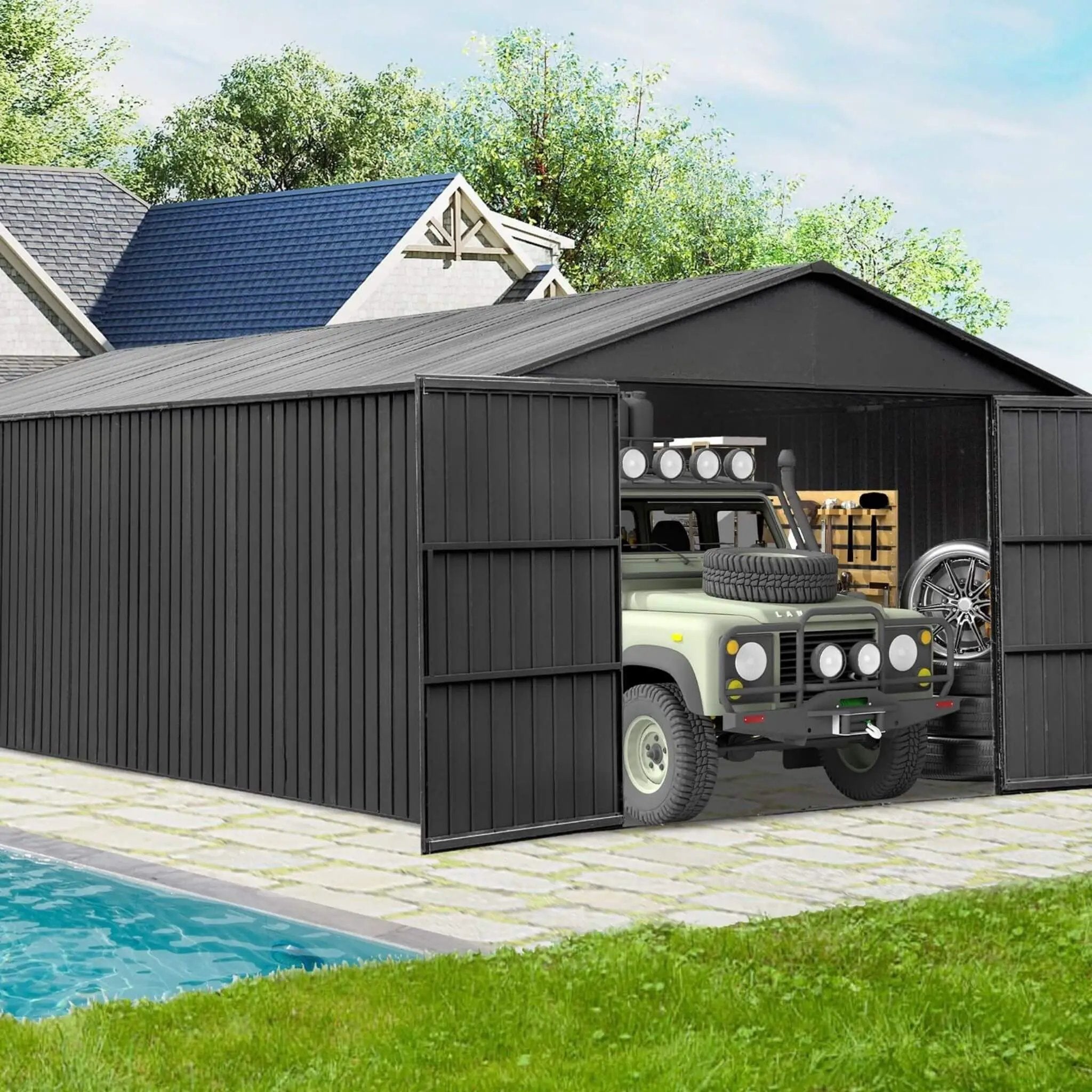 [12X25FT] Alora Extra Large Heavy-Duty Outdoor Metal Carport Garage Shed With Lockable Double Hinged Doors (SAK34153) by SAKSBY WHOLESALE