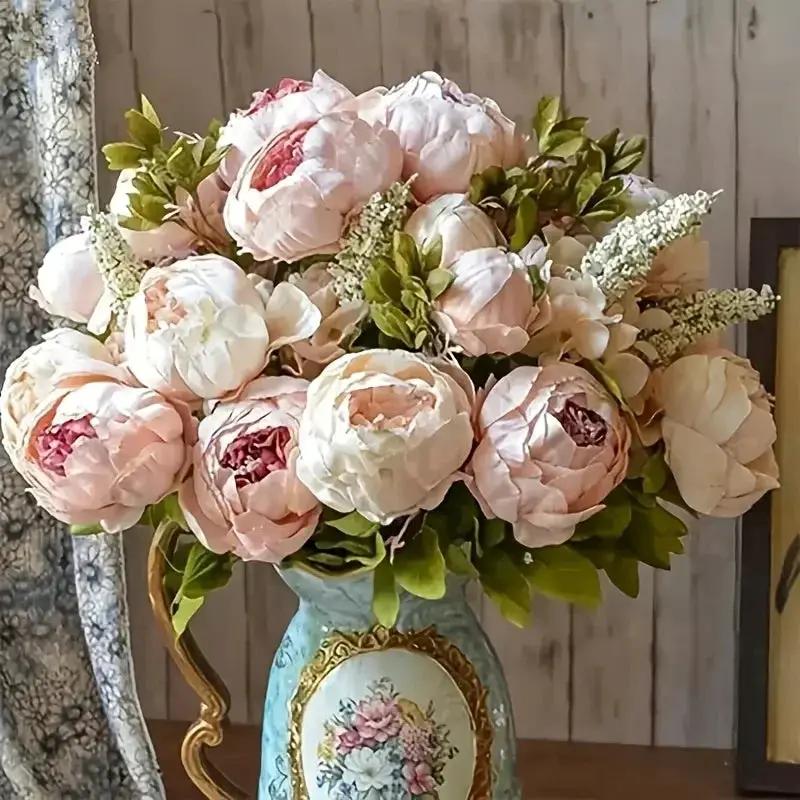 13 Branches Realistic Peony Silk Flower Bouquet Champagne by House Of Avana