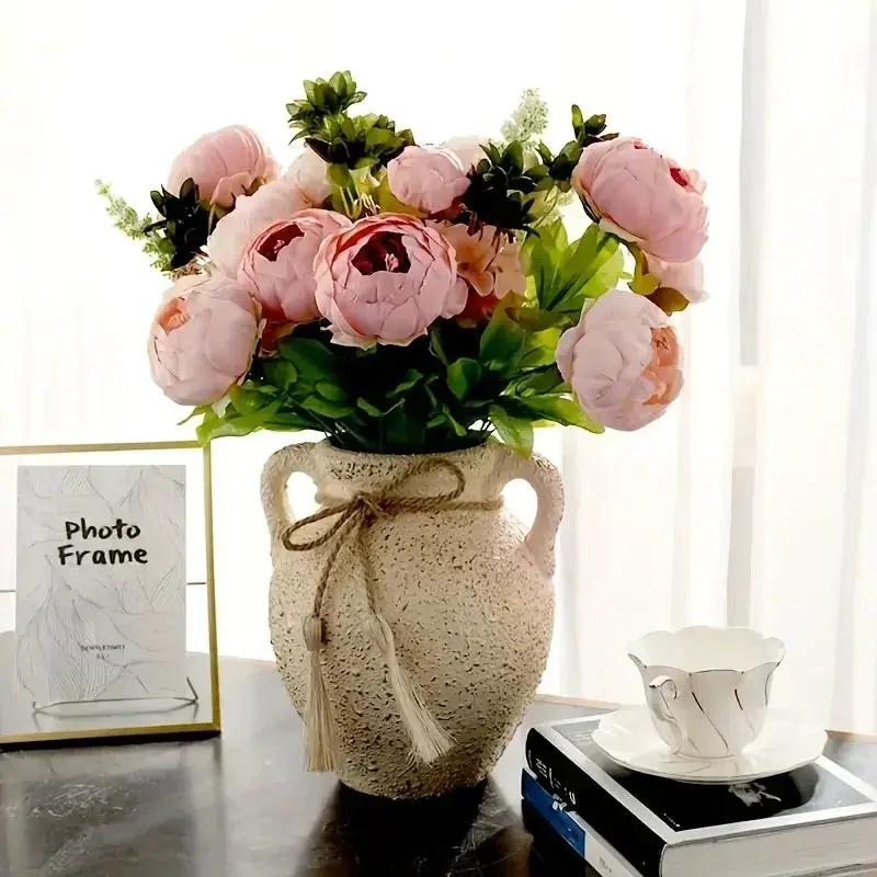13 Branches Realistic Peony Silk Flower Bouquet Champagne by House Of Avana