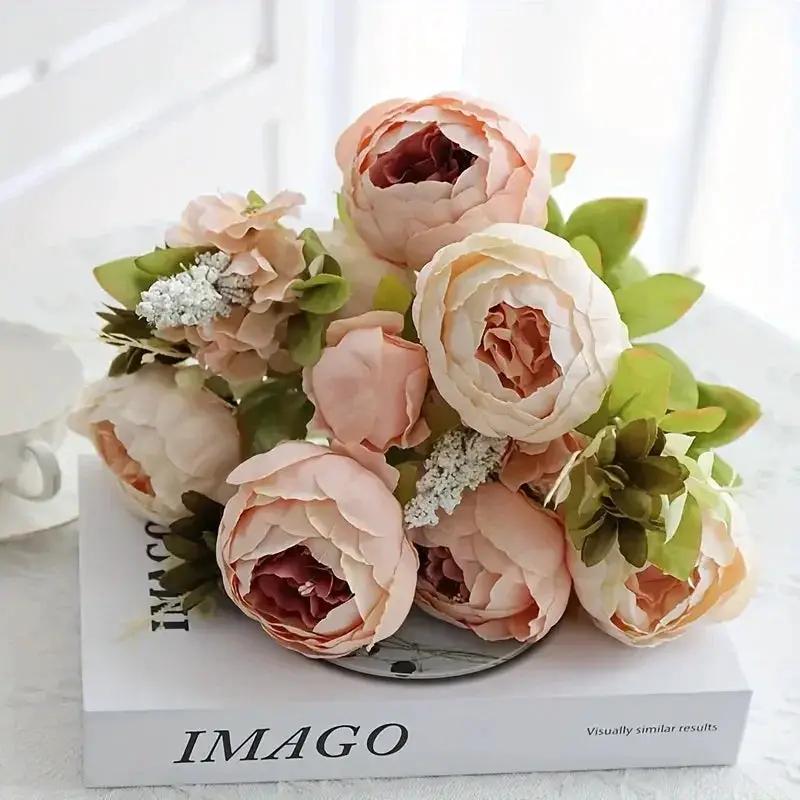 13 Branches Realistic Peony Silk Flower Bouquet Champagne by House Of Avana