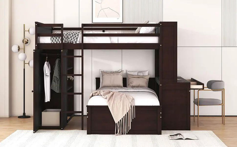 Loft Bed With A Twin Size Standalone Bed, Shelves, Desk, And Wardrobe