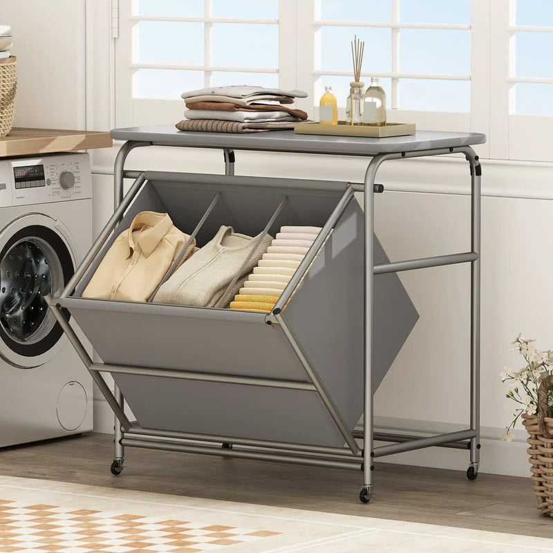 3-Section Laundry Sorter with Foldable Ironing Board and Lockable Wheels-Gray by DirectDeals