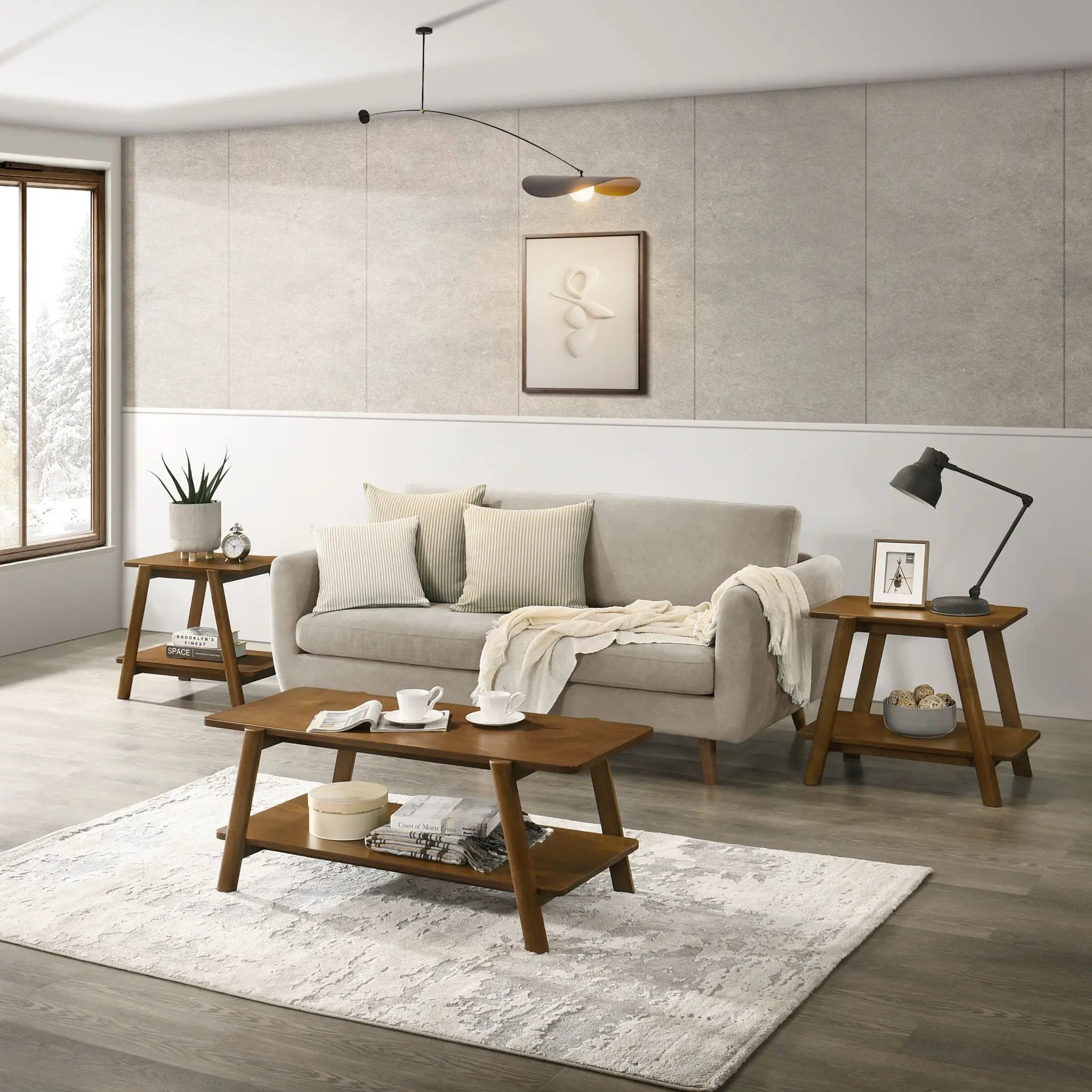 Metz - Mid-Century Modern Wood Shelf 3 Piece Coffee Table Set - Walnut by Unique Piece Furniture