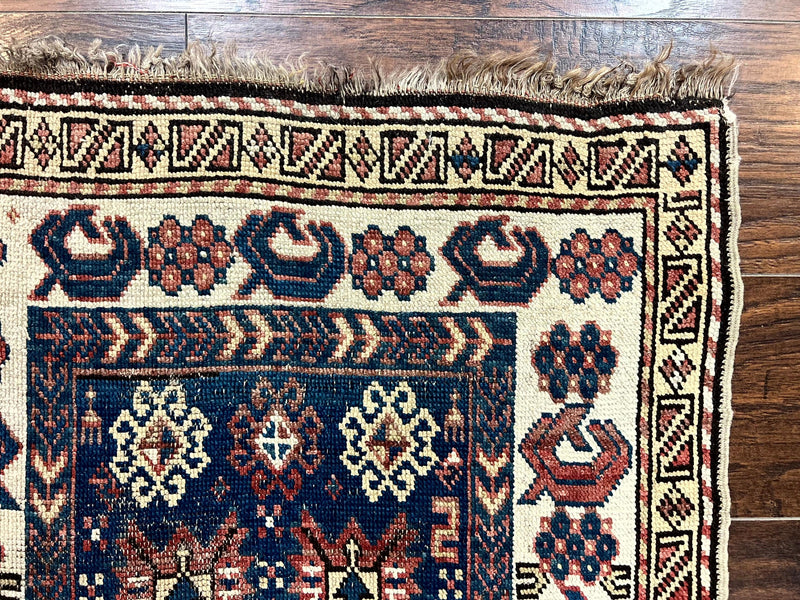 Antique Caucasian Kazak Rug 2.5 x 4, Navy Blue and Ivory, Hand Knotted Handmade Wool Rug by Jewel Rugs