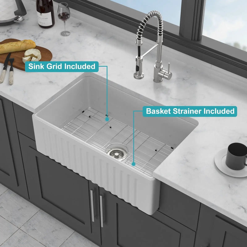 Apron-Front Reversible Single Bowl Kitchen Sink With Accessories - White by HouseOfZazla