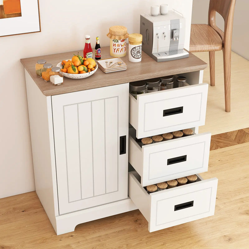 Farmhouse Sideboard Buffet Cabinet Kitchen Pantry with Sliding Doors-White by DirectDeals