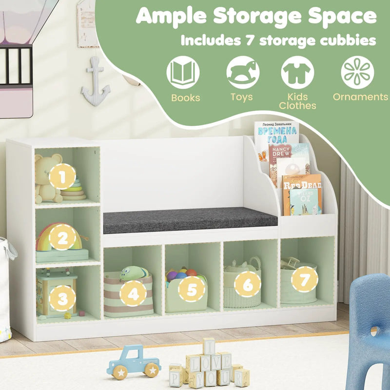 Kids Bookcase with Reading Nook 3-in-1 Standing Toy Organizer-White by DirectDeals