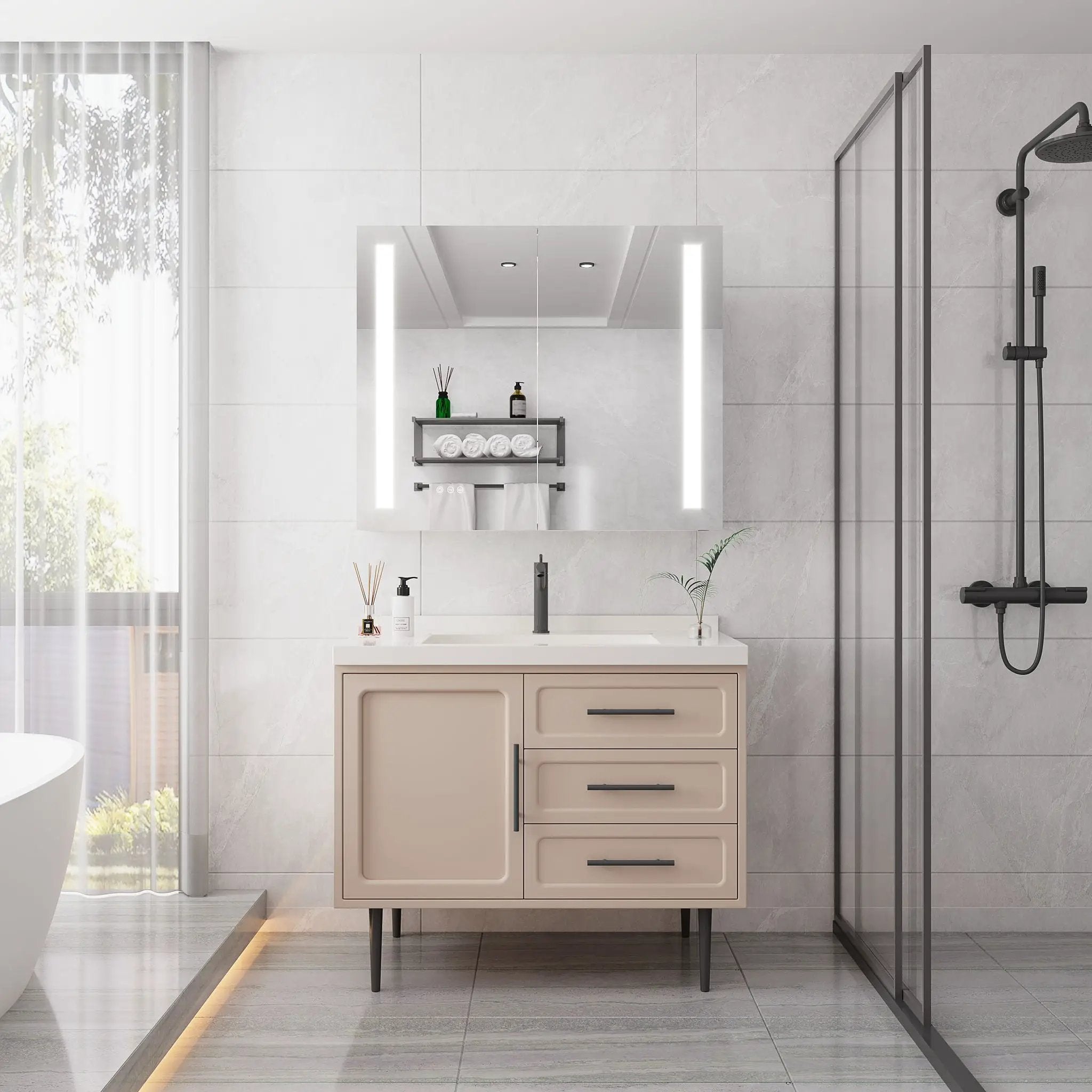 LED Medicine Cabinet With Mirror, Double Door With Defogger, Dimmer, Surface Mount by HouseOfZazla