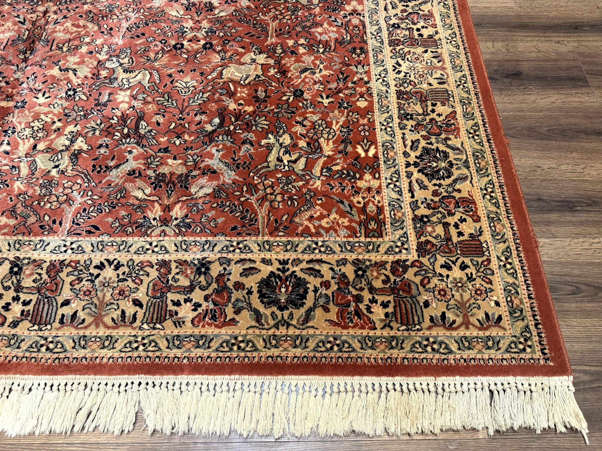 Persian Area Rug 8 x 11.6, Wool, Royal Hunting Scene, Vintage Couristan Rug, Red, Allover Pattern, Belgium Power Loomed by Jewel Rugs