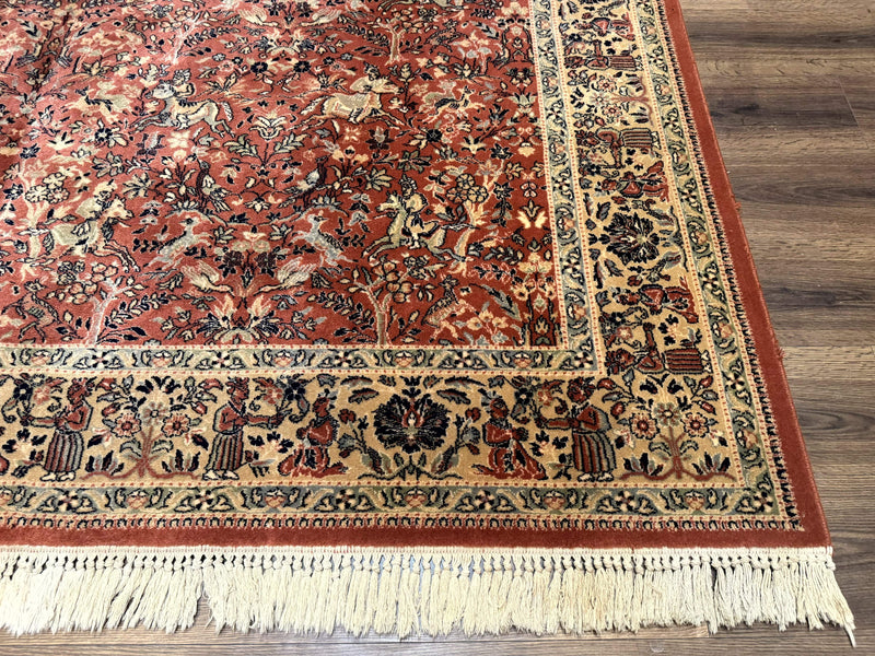 Persian Area Rug 8 x 11.6, Wool, Royal Hunting Scene, Vintage Couristan Rug, Red, Allover Pattern, Belgium Power Loomed by Jewel Rugs