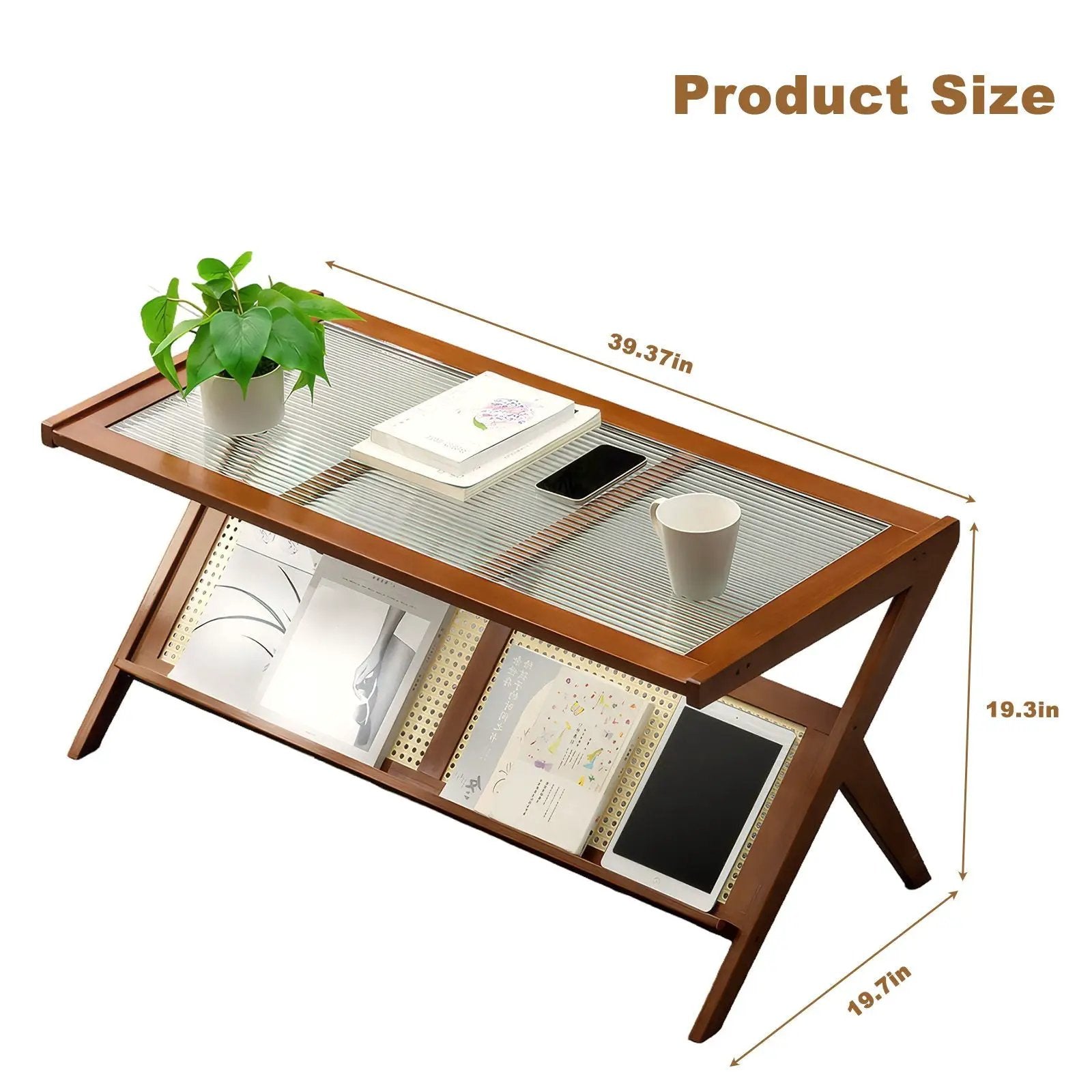 Rattan Coffee Tables For Living Room, Mid Century Modern Coffee Table With Glass Top, Large Boho Center Table With Storage - Brown by HouseOfZazla
