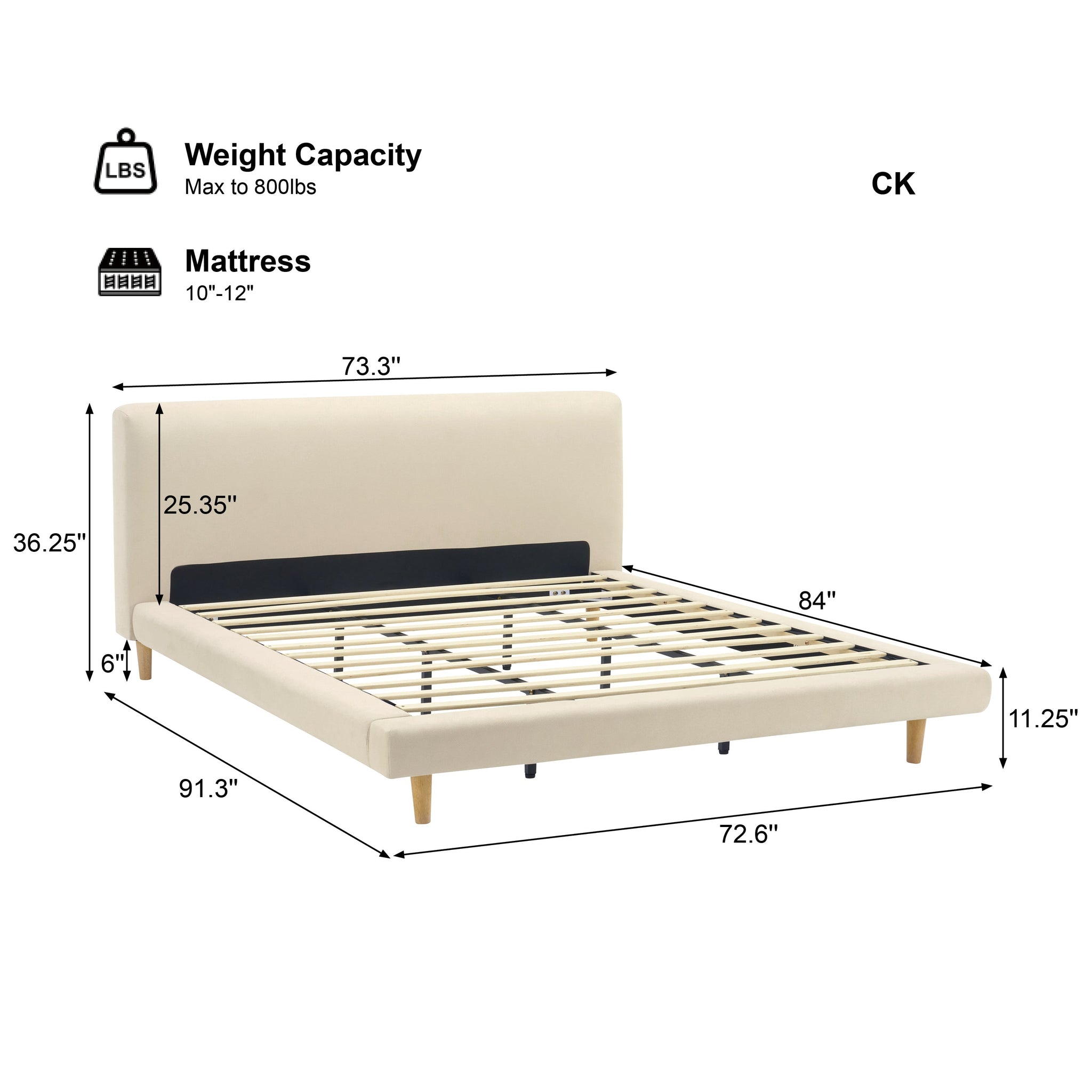Beige Chunky Headboard Bed Frame with Solid Rubberwood Legs, Cal-King by HouseOfZazla