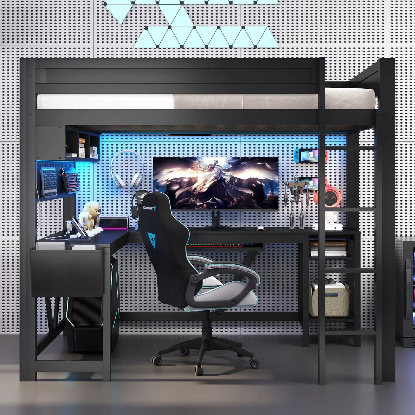 Gaming Loft Bed With Desk, Storage Shelves, LED And Charging Station by Unique Piece Furniture