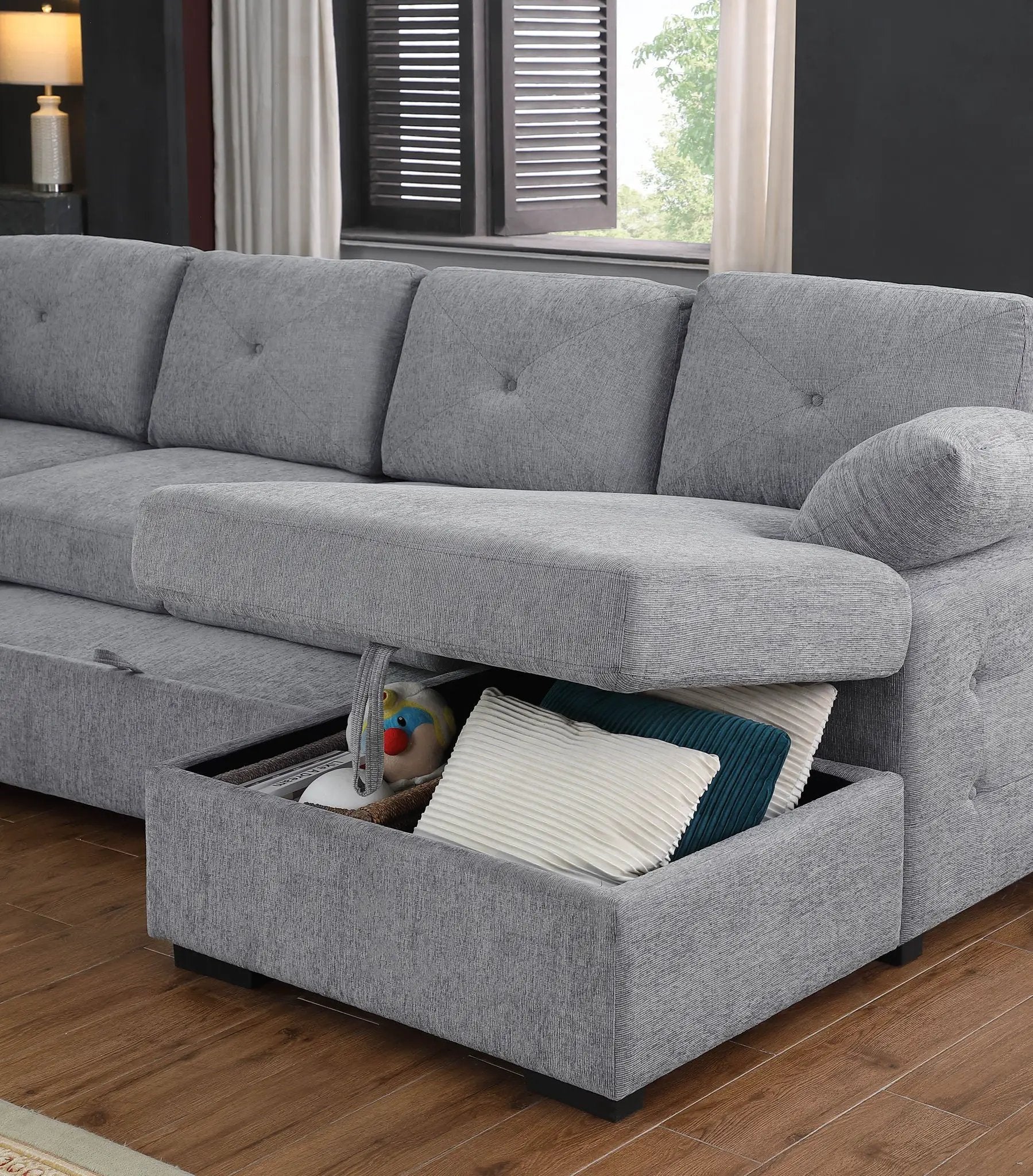 Nyhan - Upholstered Corner Sectional With Pull Out Loveseat And Storaged Chaise - Light Gray by Unique Piece Furniture