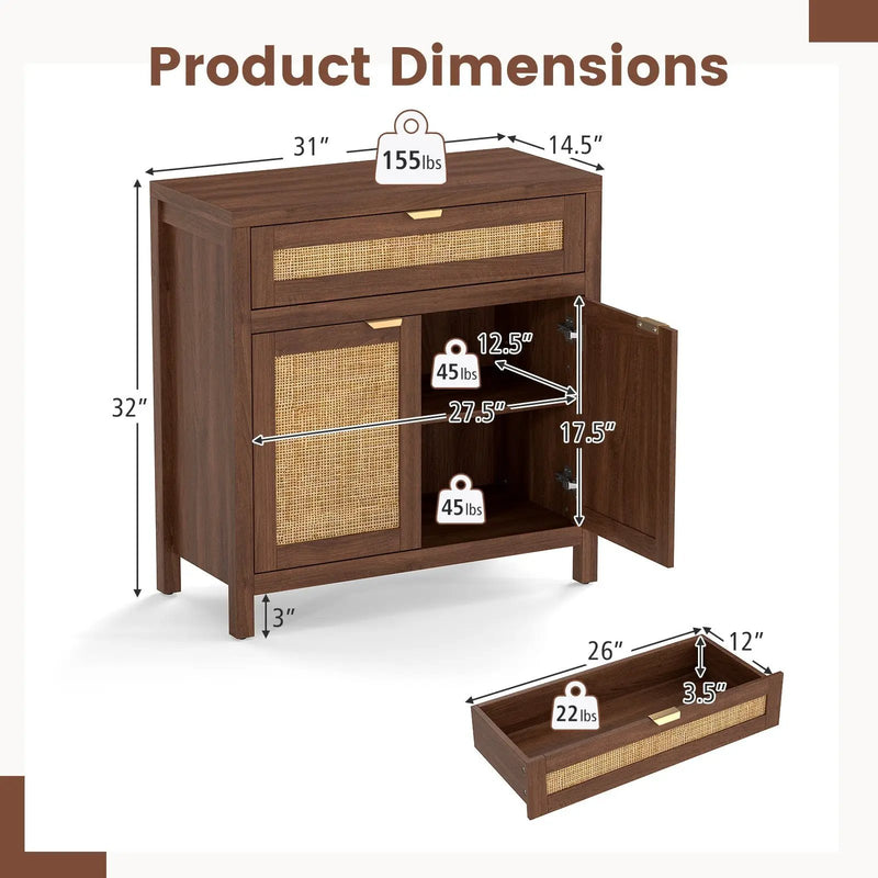 Sideboard Storage Cabinet with Rattan Doors and Drawer-Brown by DirectDeals
