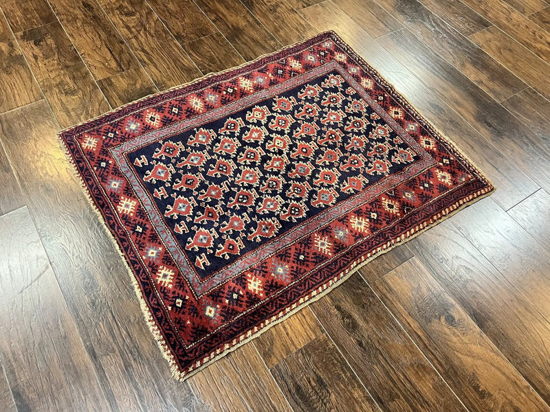 Turkish Sparta Rug 3x4, Allover Pattern, Navy Blue and Red, Antique Ispara Oriental Carpet 3 x 4, Small Turkish Handmade Vintage Wool Rug by Jewel Rugs