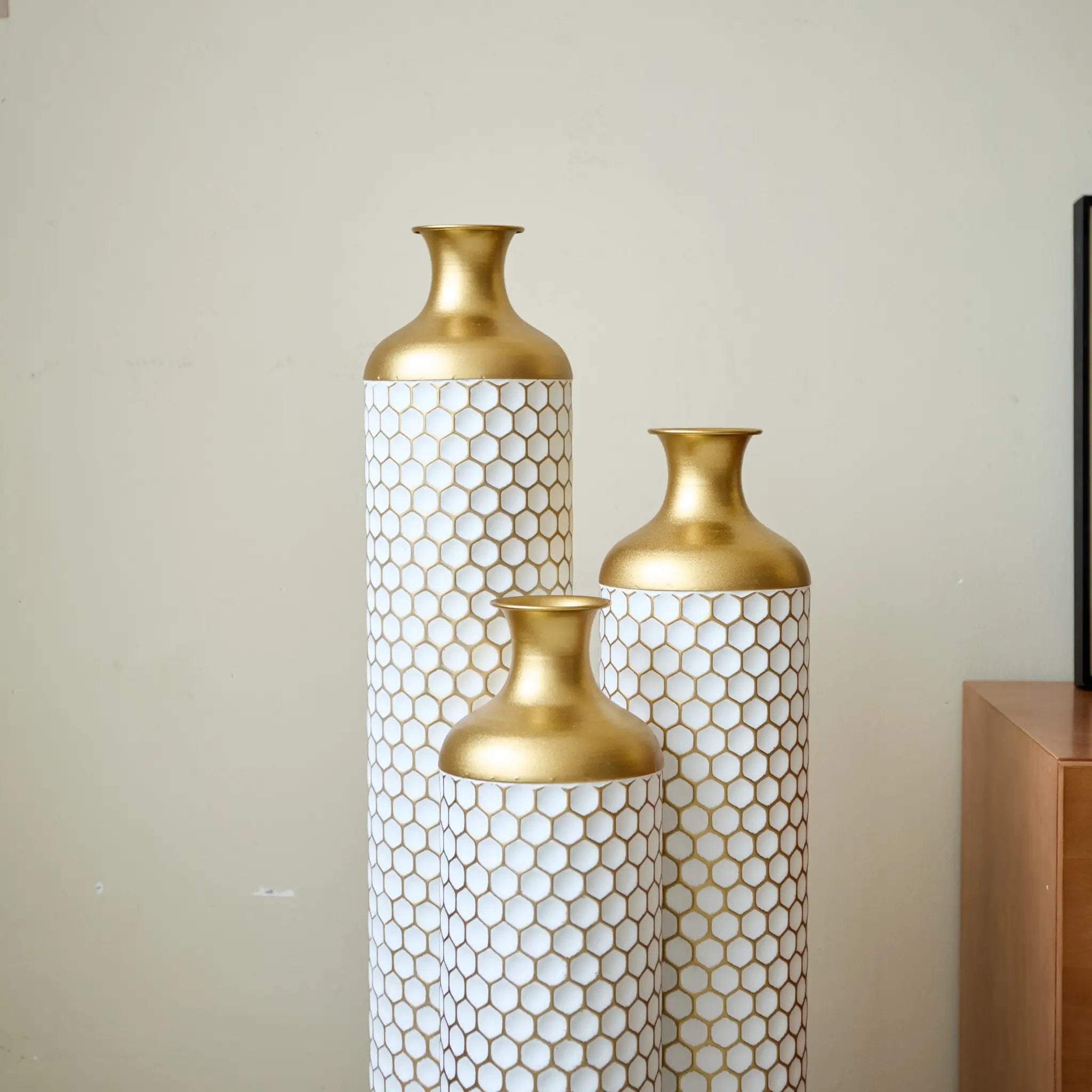 3-Piece Modern Metal Vase Set - White & Gold by HouseOfZazla
