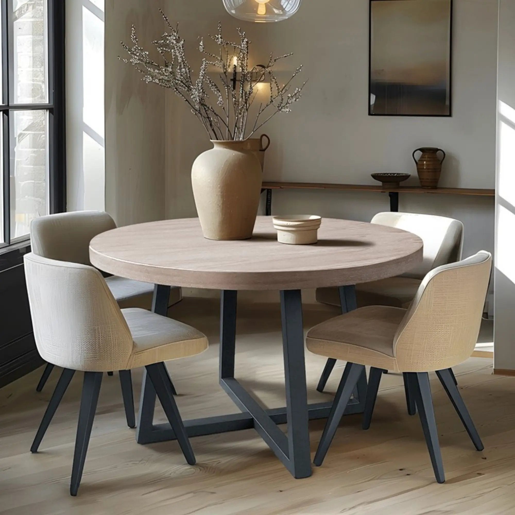 Round Dining Table With Wire Brushed Mindi Top And Mahogany Base - Wheat by Unique Piece Furniture