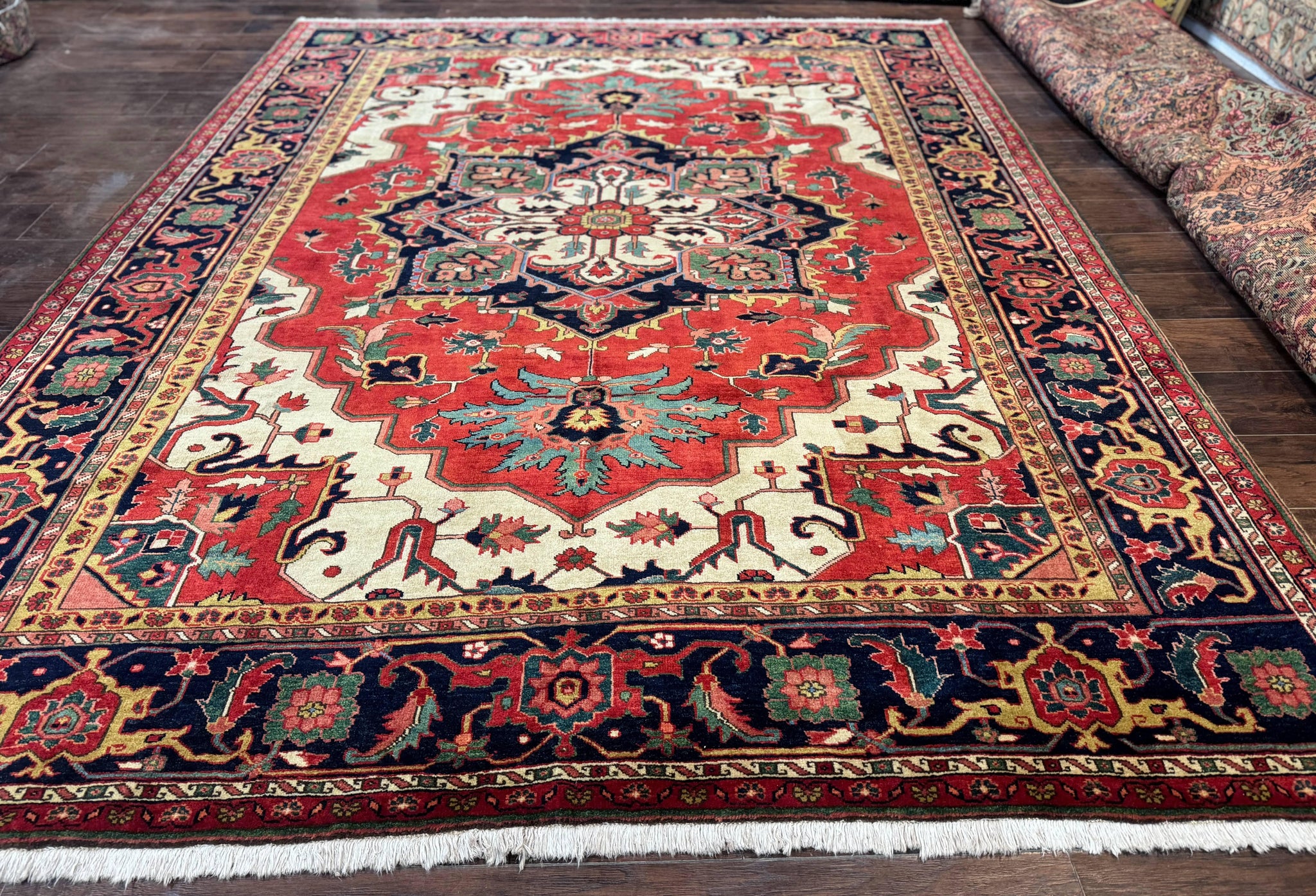Persian Heriz Serapi Rug 8 x 10.6, Geometric Medallion, Great Colors, Rare, Red Navy Blue Ivory by Jewel Rugs