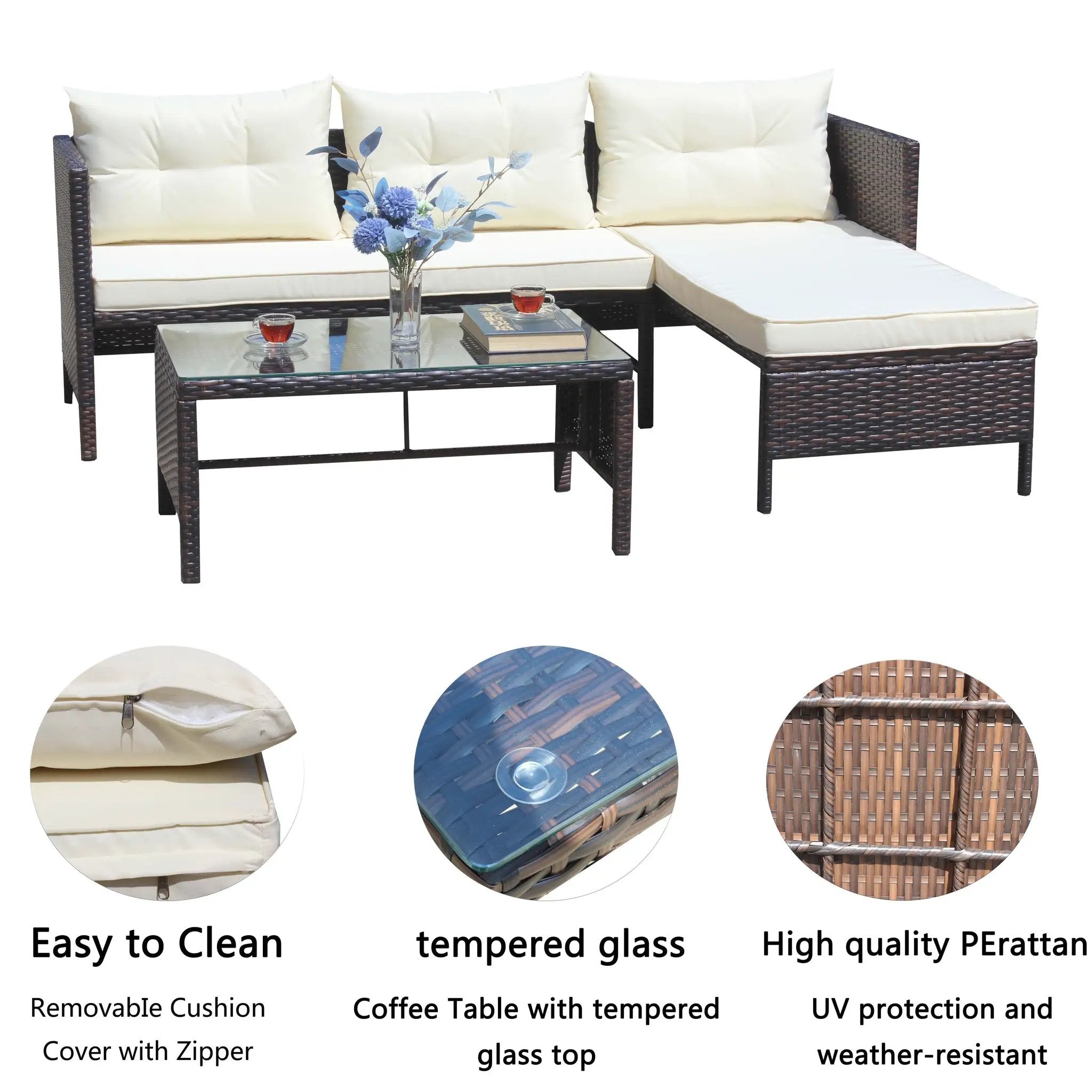 Outdoor Patio Furniture 3-Piece Conversation Set with Wicker Rattan Sectional Sofa by HouseOfZazla