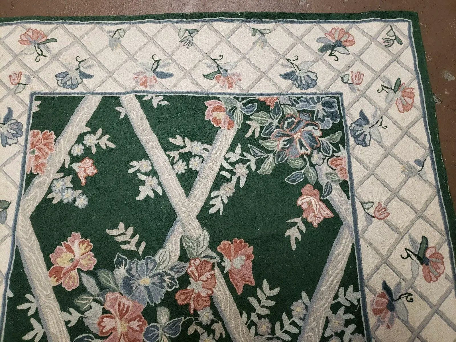 3' 6" X 5' 6" Hand Stitched Indian Wool Rug with Backing Green Beige by Jewel Rugs