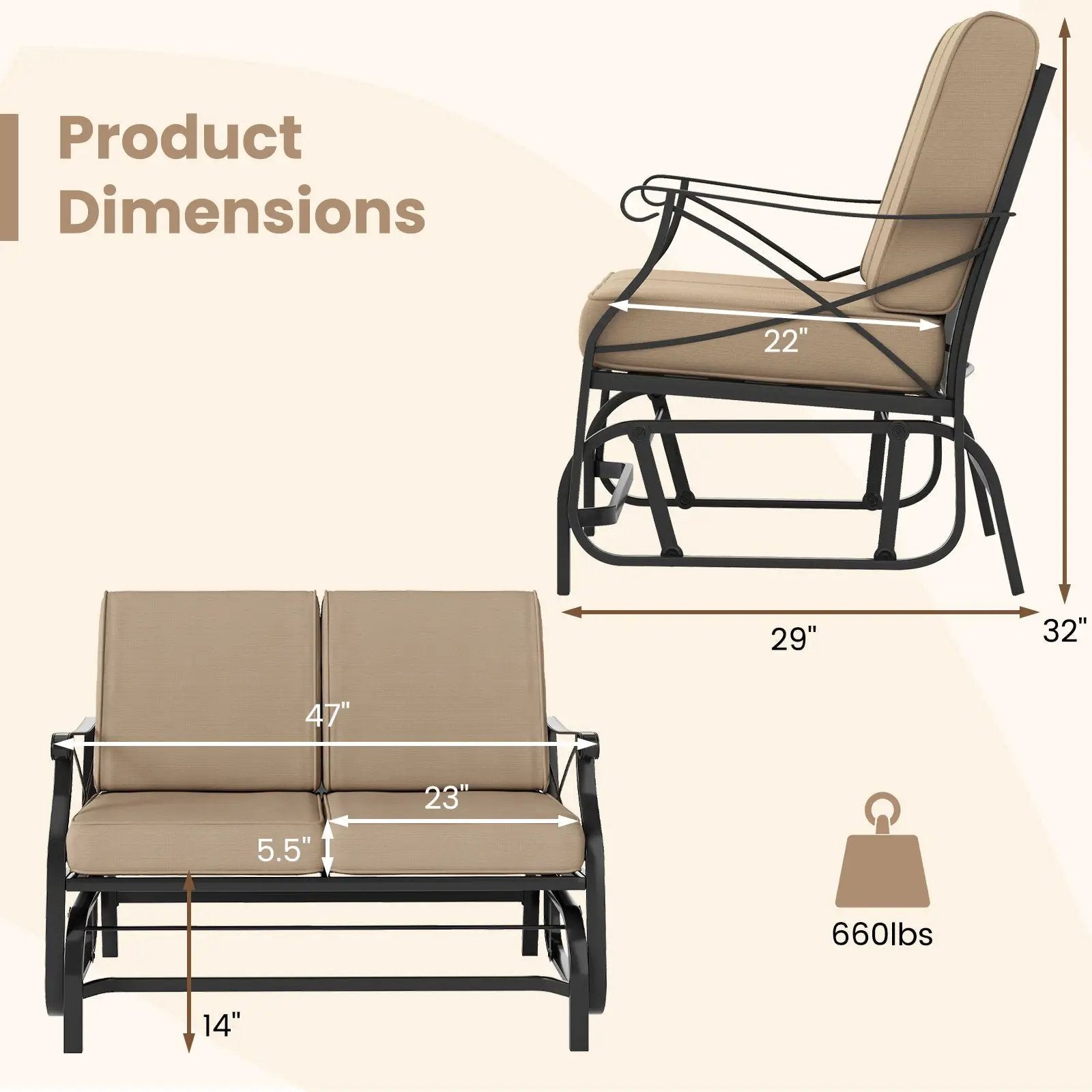 Outdoor 2-Person Glider Rocking Chair Loveseat with Thick Cushions and Metal Frame-Brown by DirectDeals