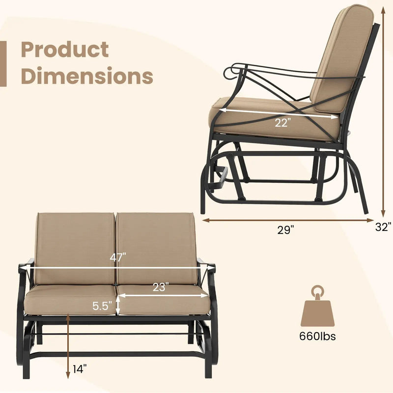 Outdoor 2-Person Glider Rocking Chair Loveseat with Thick Cushions and Metal Frame-Brown by DirectDeals