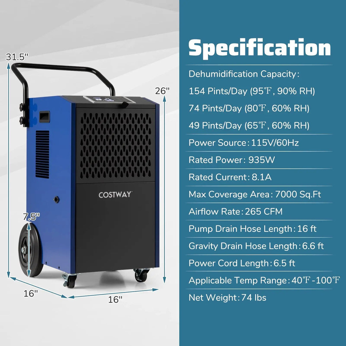 154 Pints Commercial Dehumidifier with Pump and Drain Hoses, photo 10 of 16