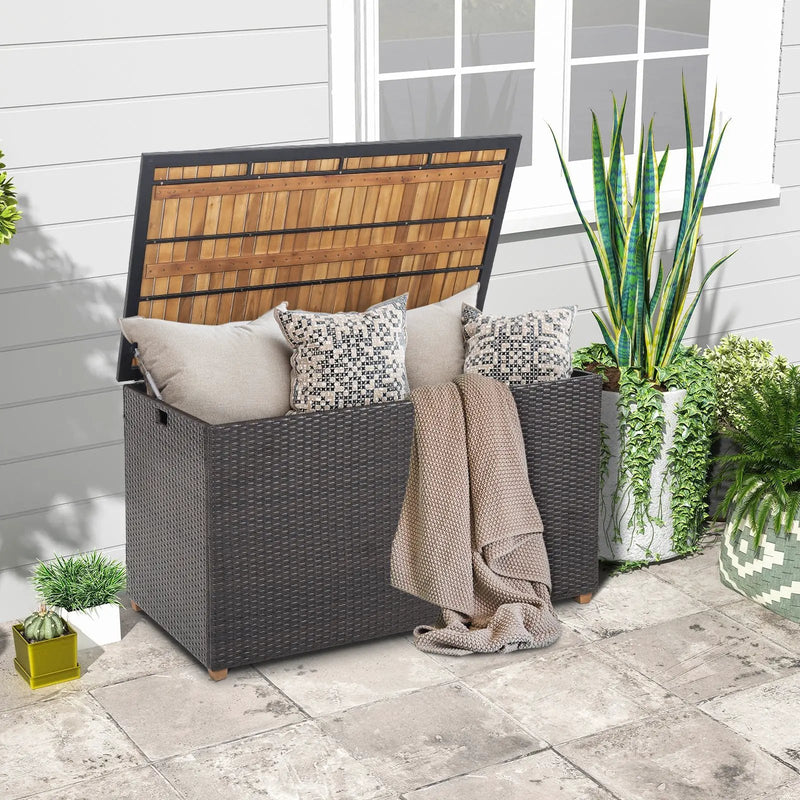134 Gallon Rattan Storage Box with Zippered Liner and Solid Acacia Wood Top by DirectDeals