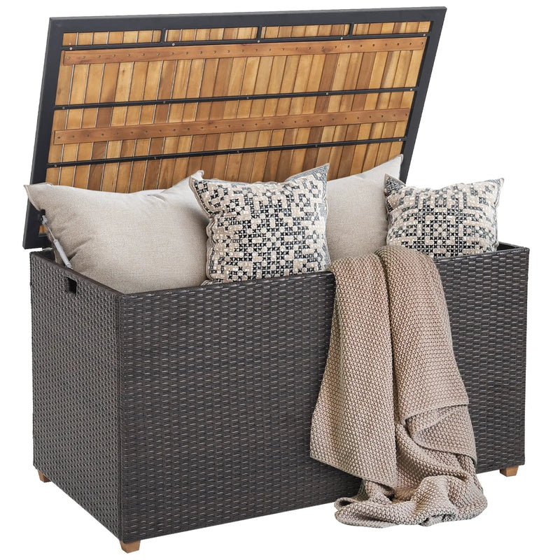 134 Gallon Rattan Storage Box with Zippered Liner and Solid Acacia Wood Top by DirectDeals