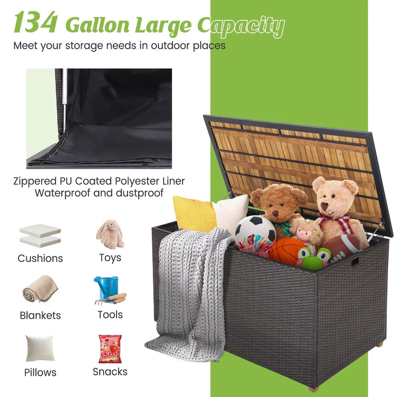 134 Gallon Rattan Storage Box with Zippered Liner and Solid Acacia Wood Top by DirectDeals