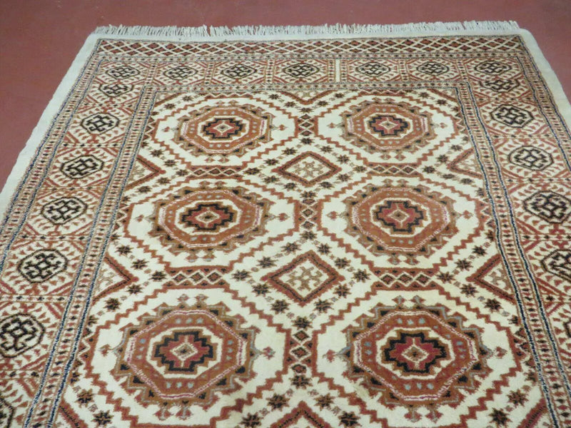 4' X 7' Vintage Handmade Pakistani Turkoman Bokhara Balouch Woven Wool Rug Ivory by Jewel Rugs