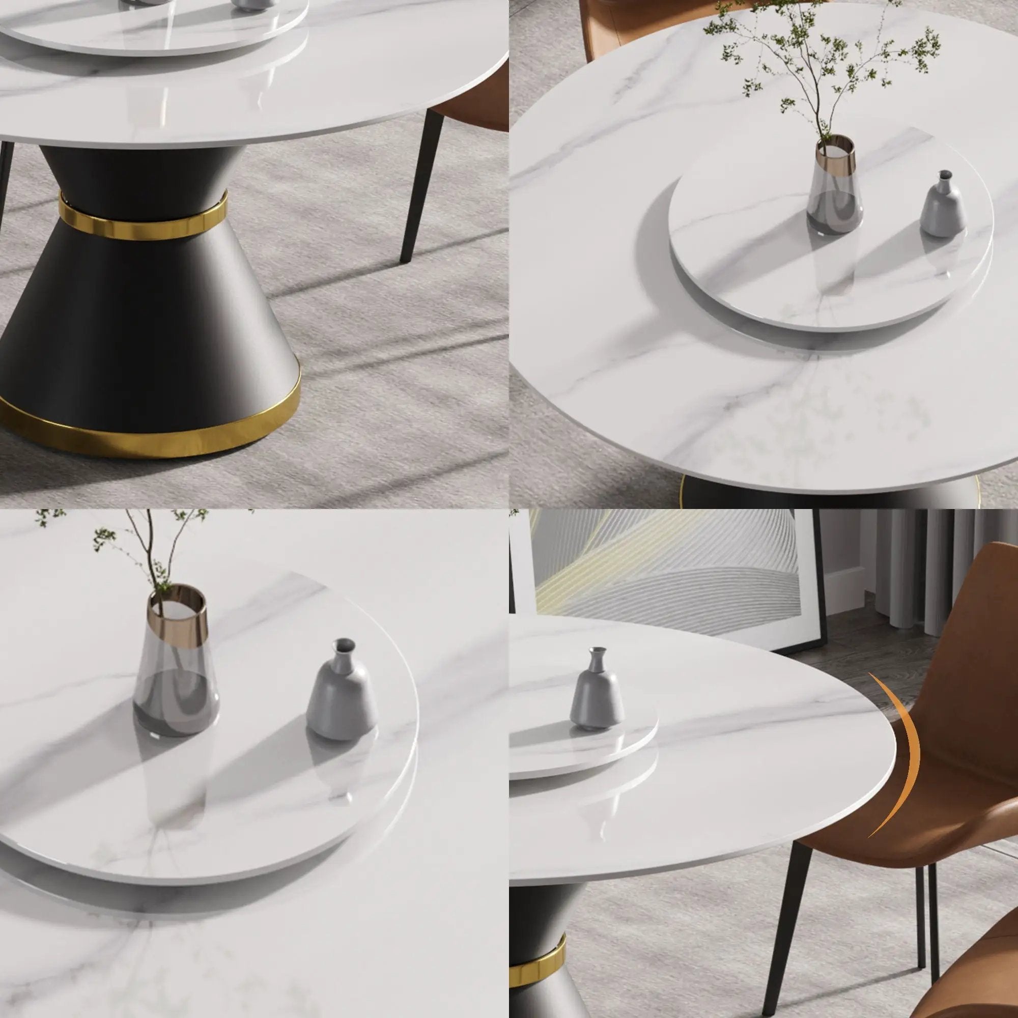 53" Modern Artificial Stone Round Carbon Steel Base Dining Table, Can Accommodate 6 People, Artificial Stone Turntable - White / Black by HouseOfZazla