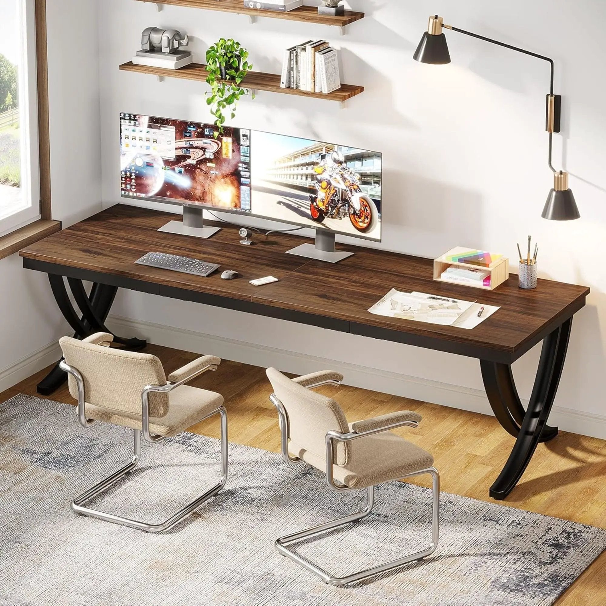 2 Person Desk With X Legs, Extra Long Office Workstation - Brown / Black by HouseOfZazla