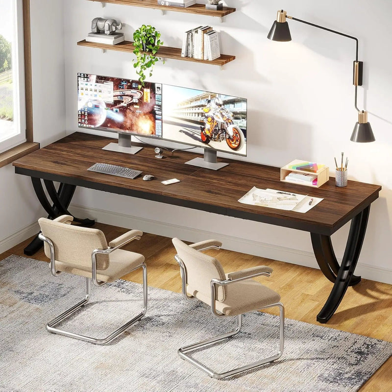 2 Person Desk With X Legs, Extra Long Office Workstation - Brown / Black by HouseOfZazla