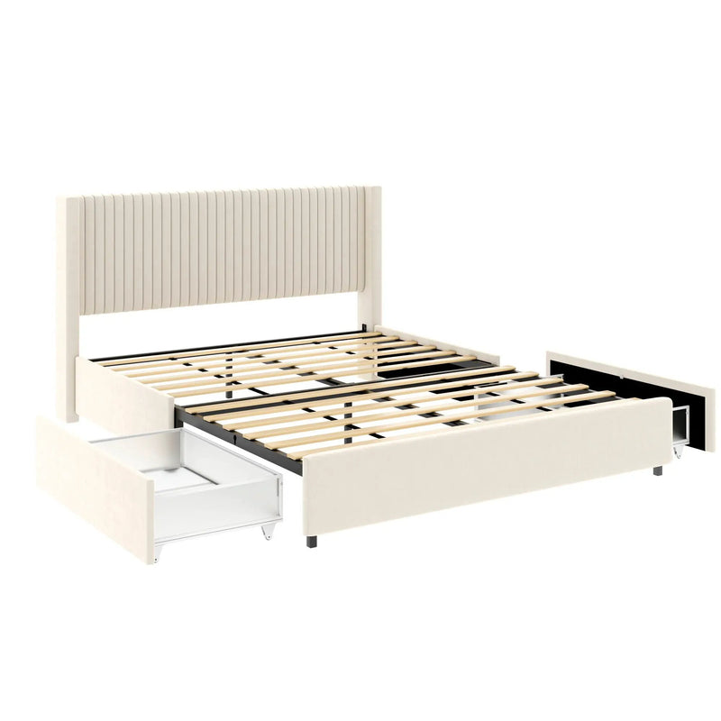 Anna - Upholstered Wingback Platform Bed With 4 Drawers Storage by HouseOfZazla