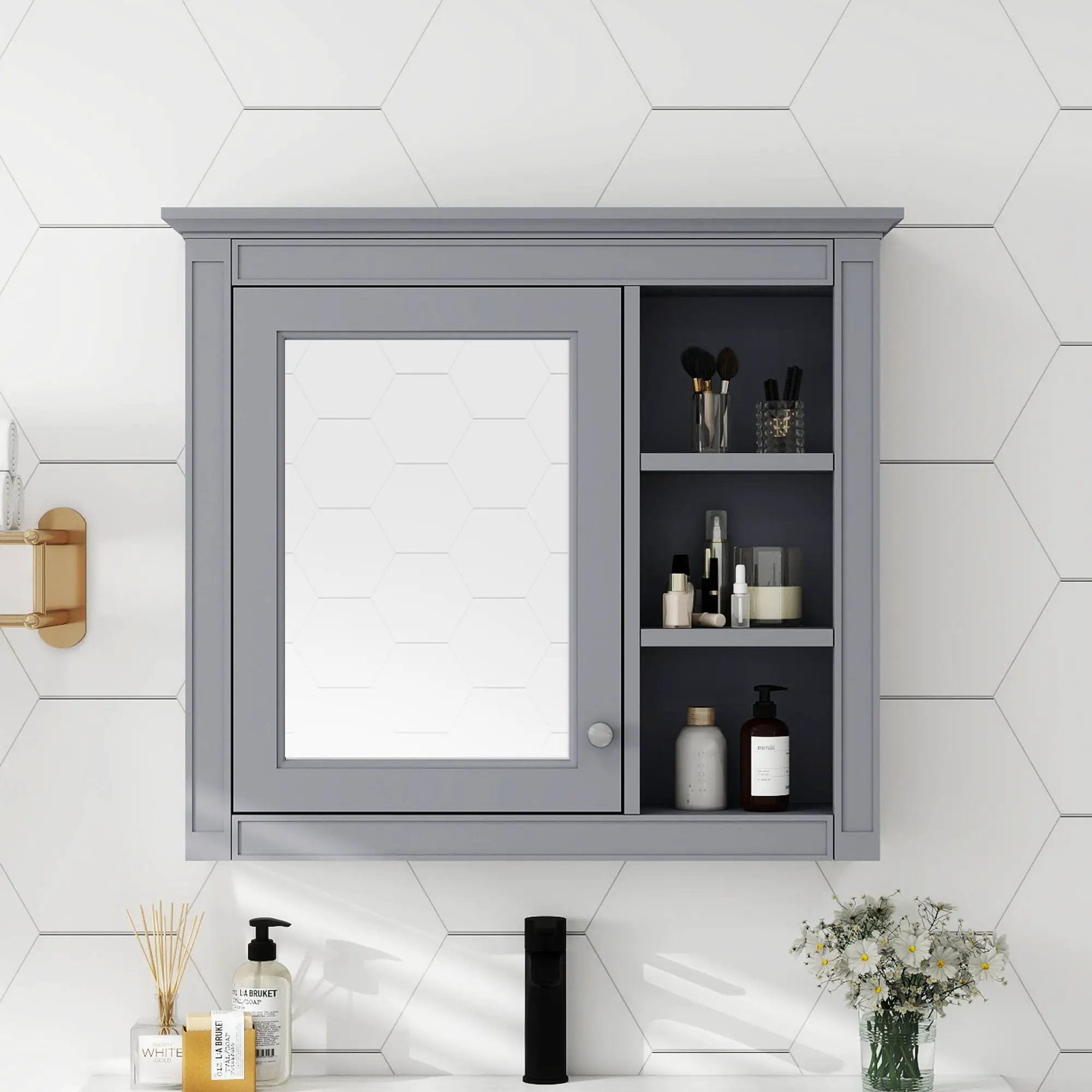 Wall Mounted Medicine Cabinet With Mirror And 3 Open Shelves by Unique Piece Furniture