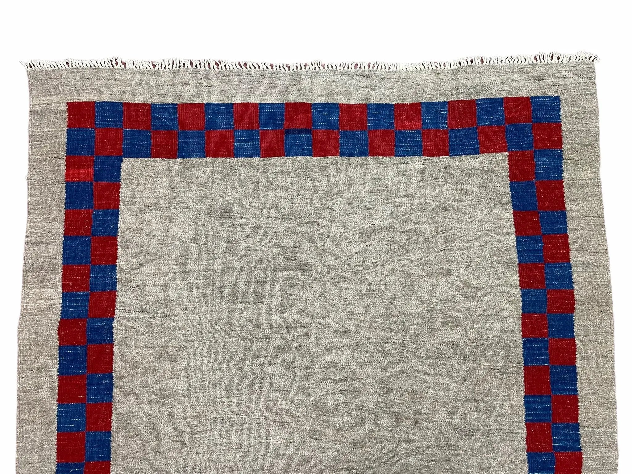 5' 7" x 7' 9" Geometric Kilim Carpet, Gray, Handmade, Hand-Knotted Area Rug, Blue & Red, Flatweave, Wool, New, Checkerboard Pattern by Jewel Rugs