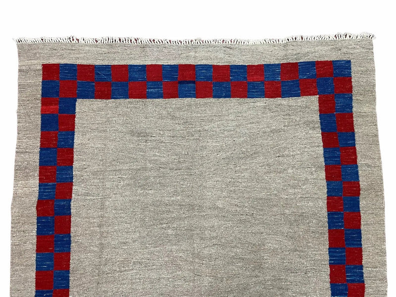 5' 7" x 7' 9" Geometric Kilim Carpet, Gray, Handmade, Hand-Knotted Area Rug, Blue & Red, Flatweave, Wool, New, Checkerboard Pattern by Jewel Rugs