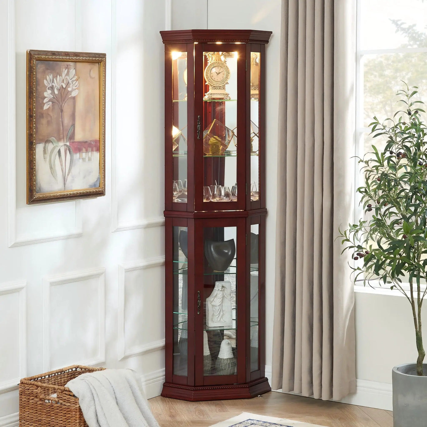 Corner Curio Cabinet With Lights, Adjustable Tempered Glass Shelves, Mirrored Back, Display Cabinet (E26 Light Bulb Not Included) by HouseOfZazla