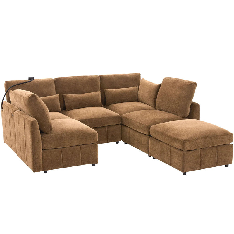 Modern Modular U-Shaped Sofa Bed With Movable Ottoman, USB Ports, Phone Holder