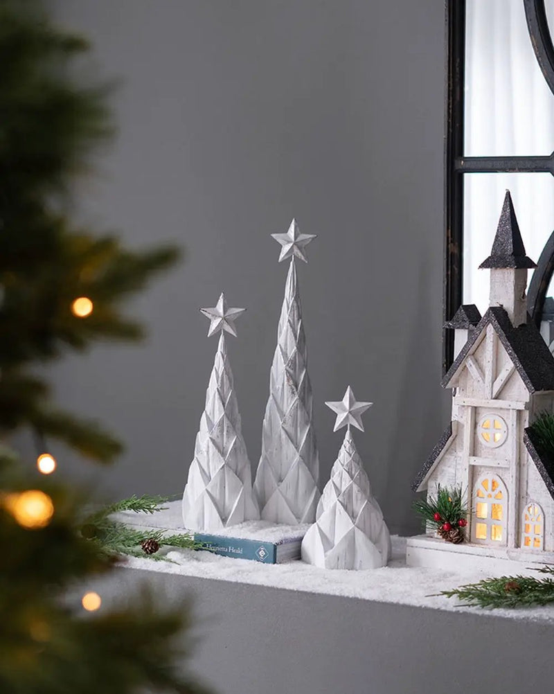 Resin / Foil Christmas Tree With Star Top (Set of 3) - White / Silver by HouseOfZazla