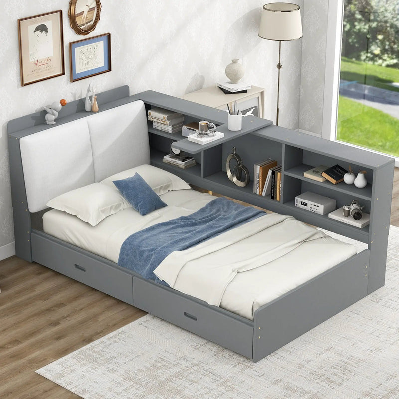 Platform Bed With Storage Headboard, Shelves And 2 Drawers by Unique Piece Furniture