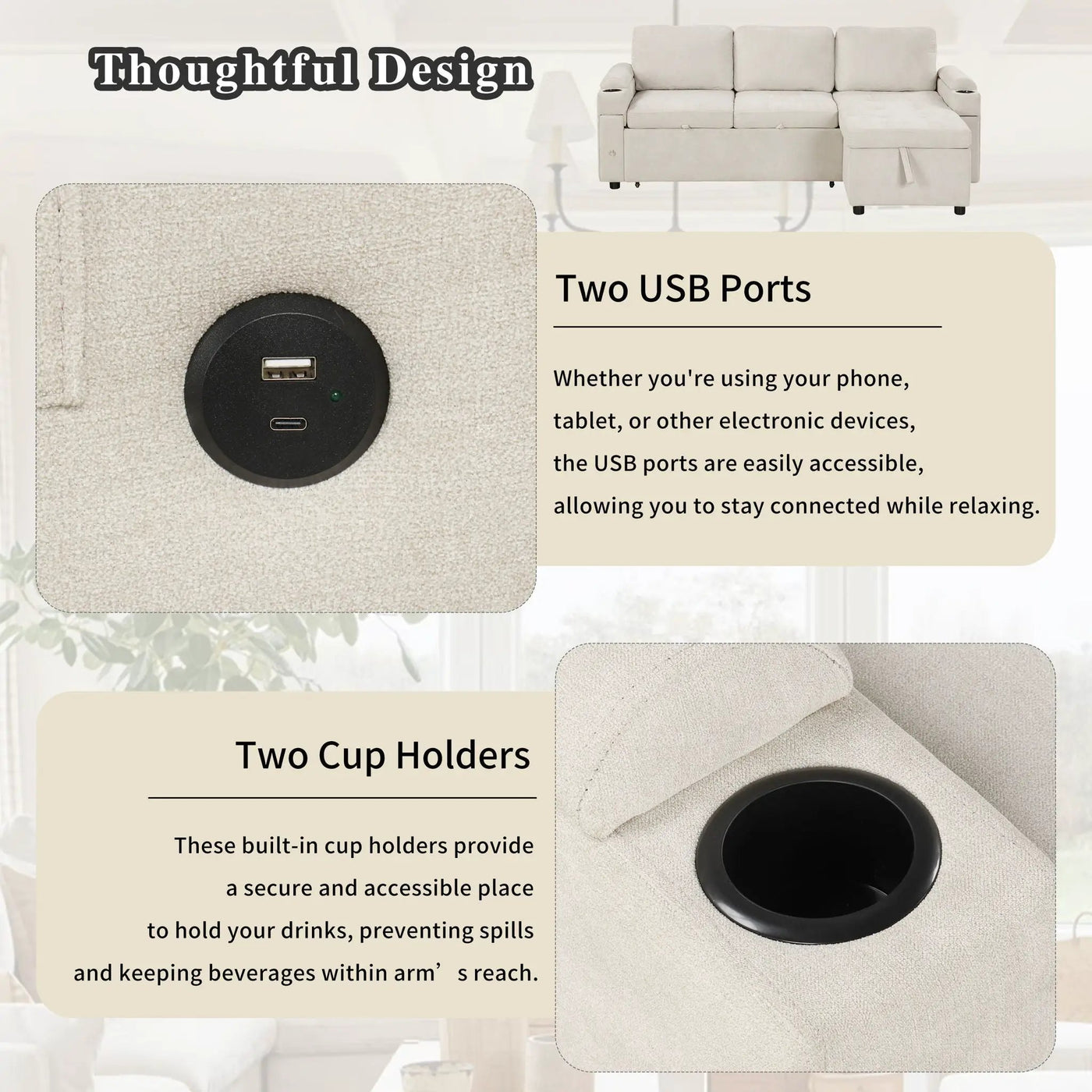 Convertible L Shaped Sofa Couch With Storage, Cup Holders, USB Ports by HouseOfZazla