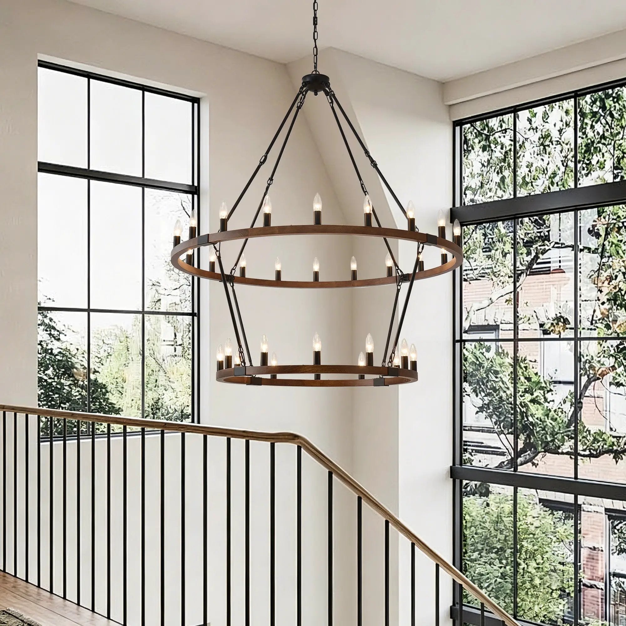 Large Solid Wood Wagon Wheel Chandelier, 2-Tier 32-Lights by HouseOfZazla