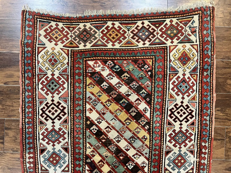 Caucasian Kazak Runner Rug 3.6 x 8, Wool Hand Knotted Antique 1880s Carpet, Ivory & Multicolor Stripes Oriental Runner Rug, Hallway Rug by Jewel Rugs
