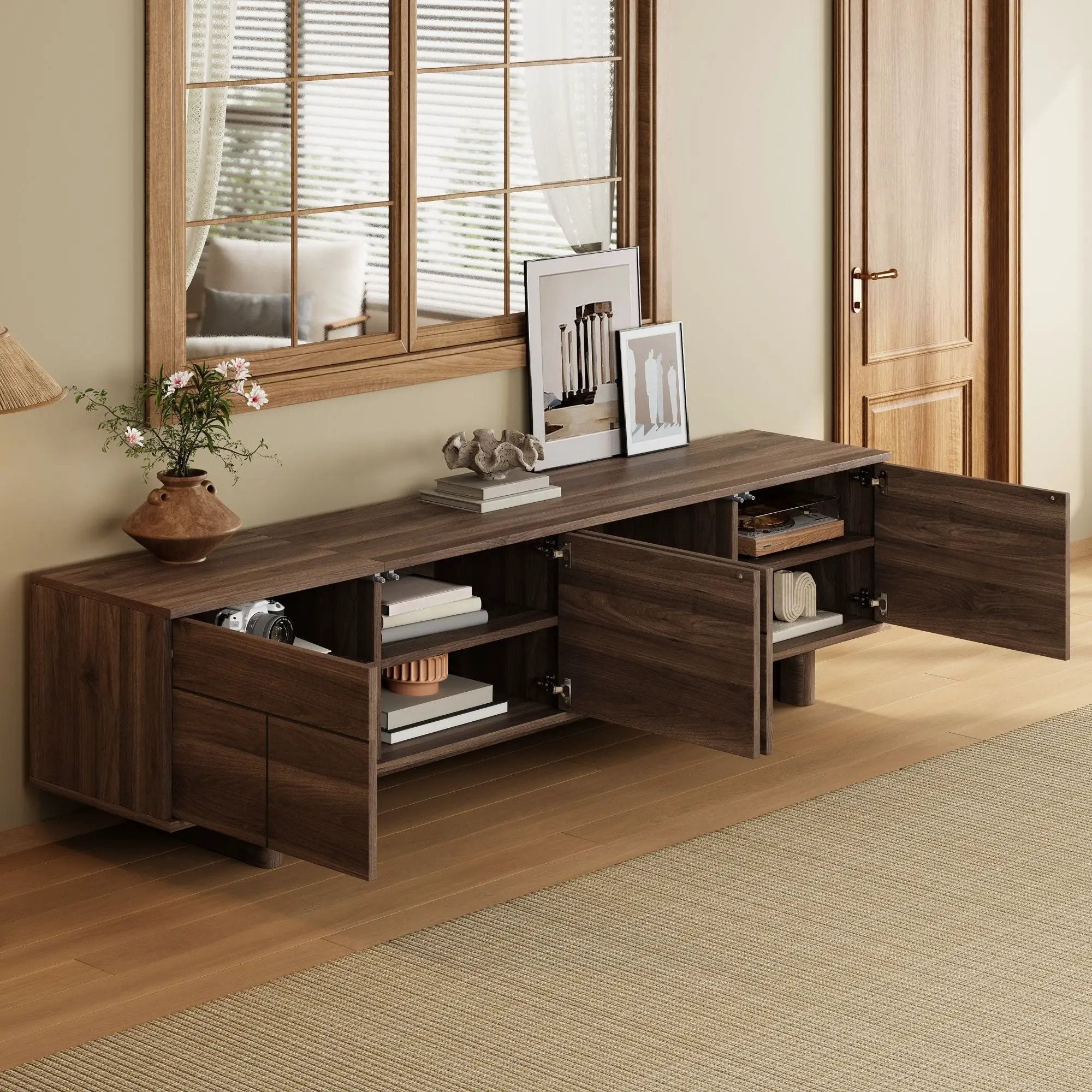 TV Stand For TVs Up To 85", Entertainment Center, Cable Management, Push Openers, Soft Closing Hinges & Adjustable Shelves - Dark Brown by Unique Piece Furniture