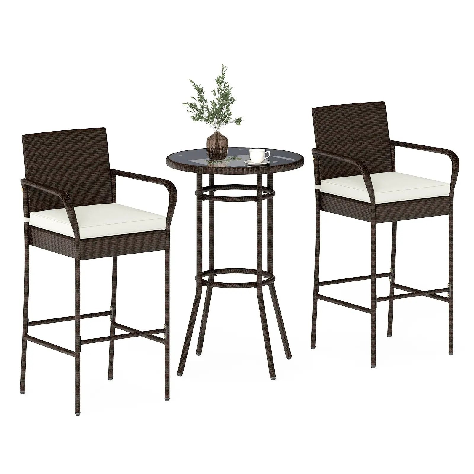 Patio Rattan Bar Height Table and Chairs with 2 Seat Cushions for Porch-White by DirectDeals